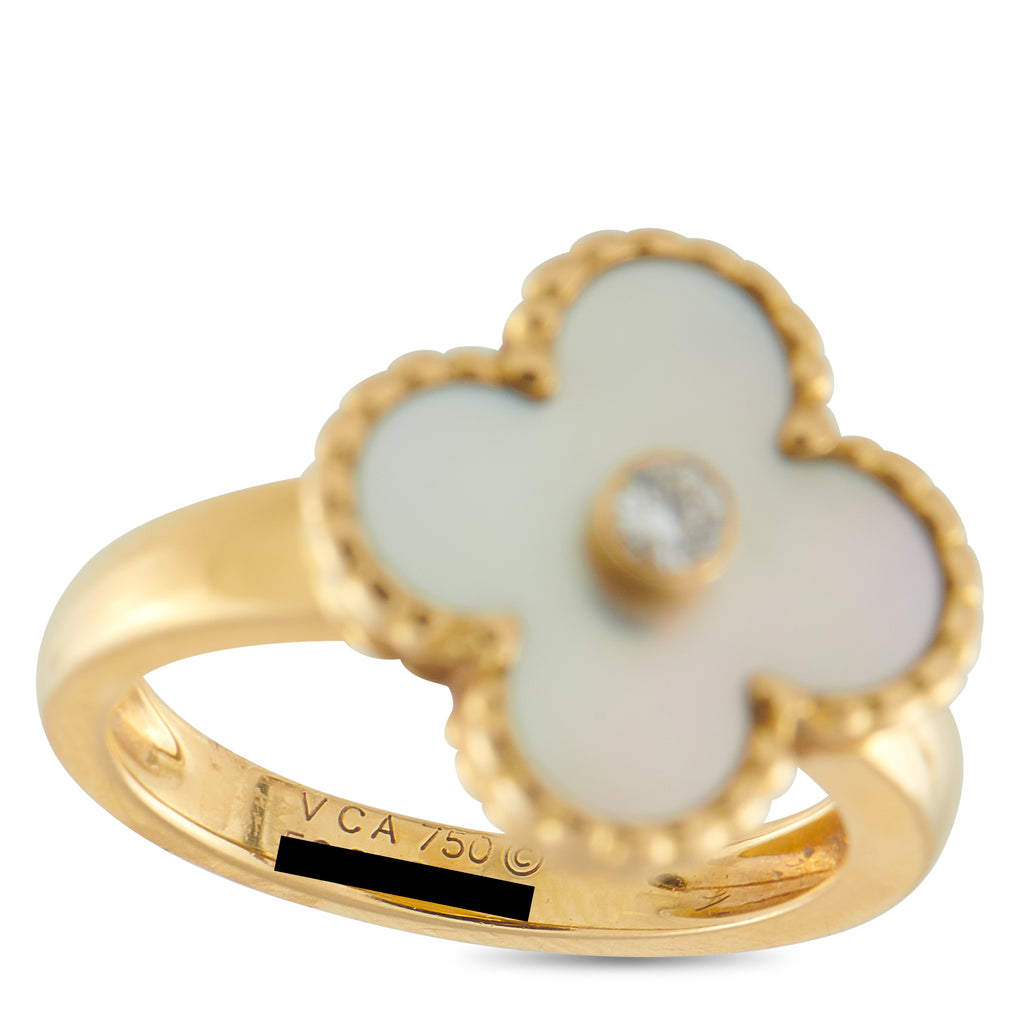 Van Cleef & Arpels Vintage Alhambra 18K Yellow Gold Diamond and Mother of Pearl Ring
