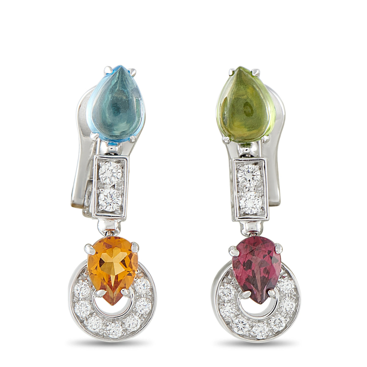 White gold drop earrings with blue, green, orange, and red gemstones and diamond accents