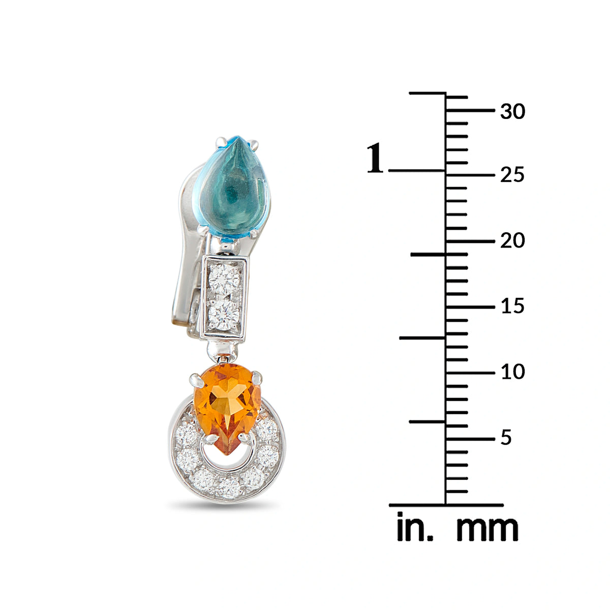 White gold drop earrings with blue teardrop gemstone, orange marquise, and diamond halos