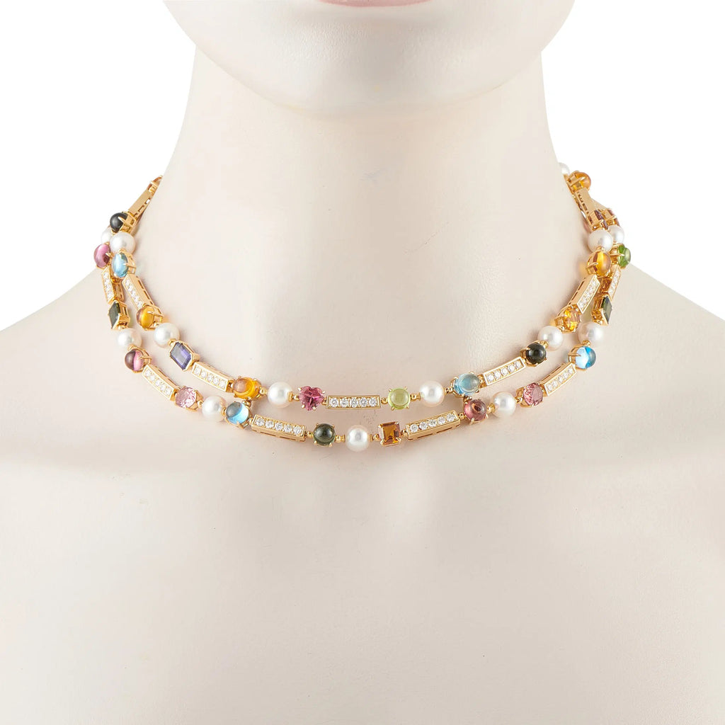 Bvlgari Allegra 18K Yellow Gold 4.05ct Diamond, Pearl, and Multi-Gemstone Necklace