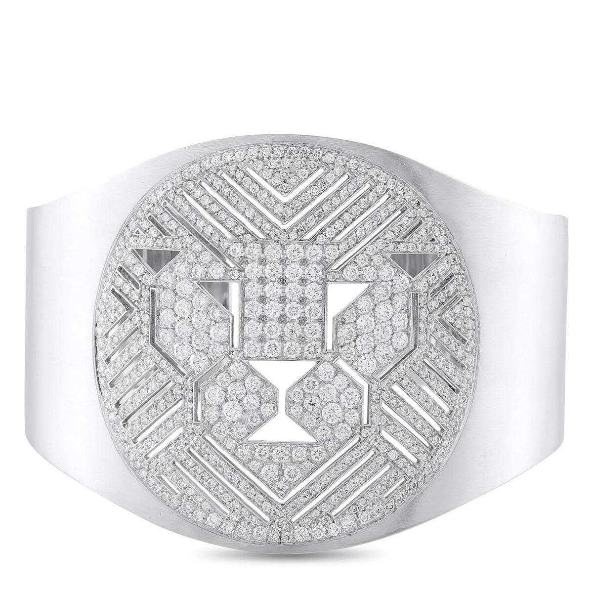 Bvlgari Enigma 18K white gold diamond cuff bracelet with lion-face motif