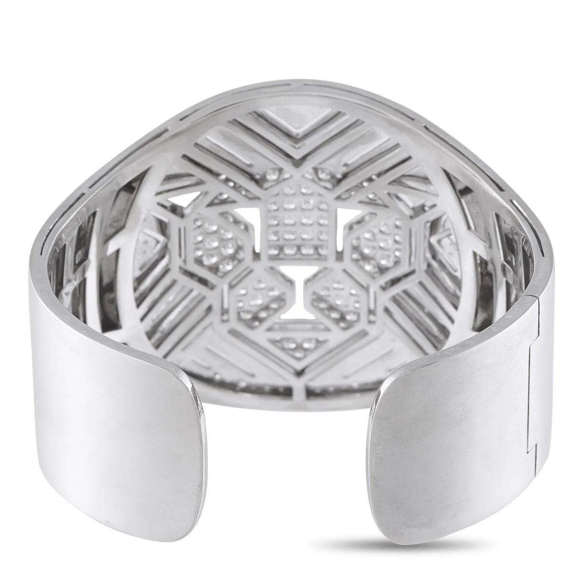 18K white gold diamond cuff bracelet with openwork geometric interior pattern