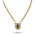 Gold necklace with shield pendant, blue oval intaglio and small diamond accents