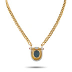 Gold necklace with shield pendant, blue oval intaglio and small diamond accents