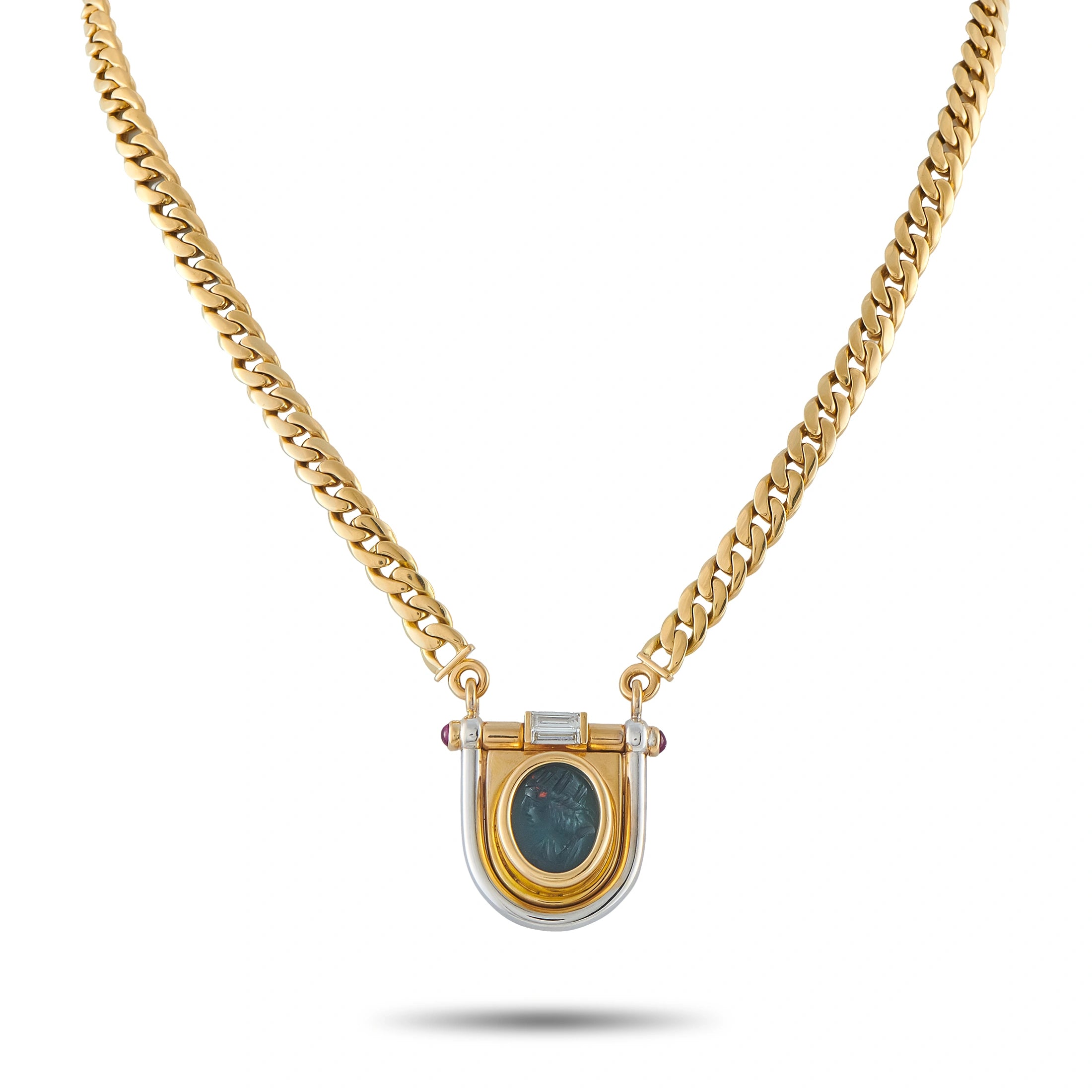 Gold necklace with shield pendant, blue oval intaglio and small diamond accents