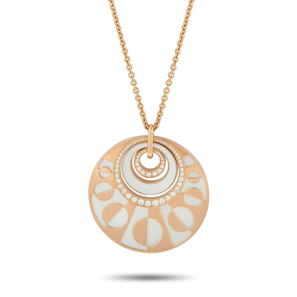Bvlgari Intarsio 18K Rose Gold 1.50ct Diamond and Mother of Pearl Pendant Necklace - This breathtaking Bvlgari Intarsio necklace is poised to make a statement. Suspended from a 35” chain, a circular pendant com