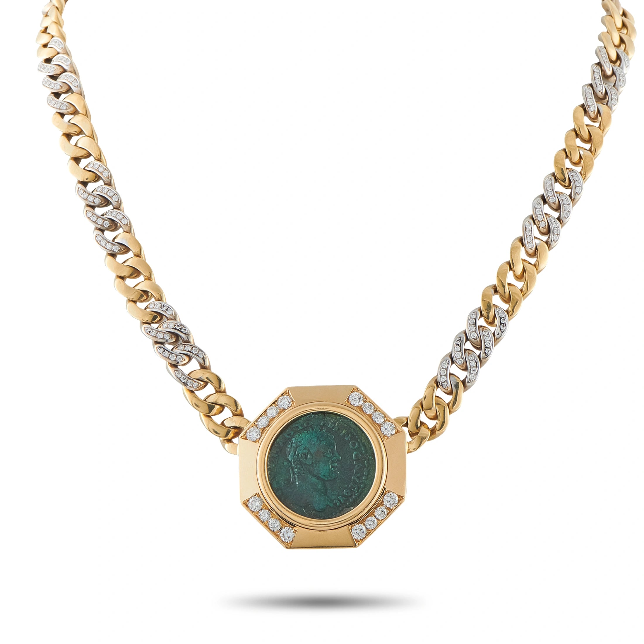 18k yellow gold link necklace with green coin-style pendant and diamond border