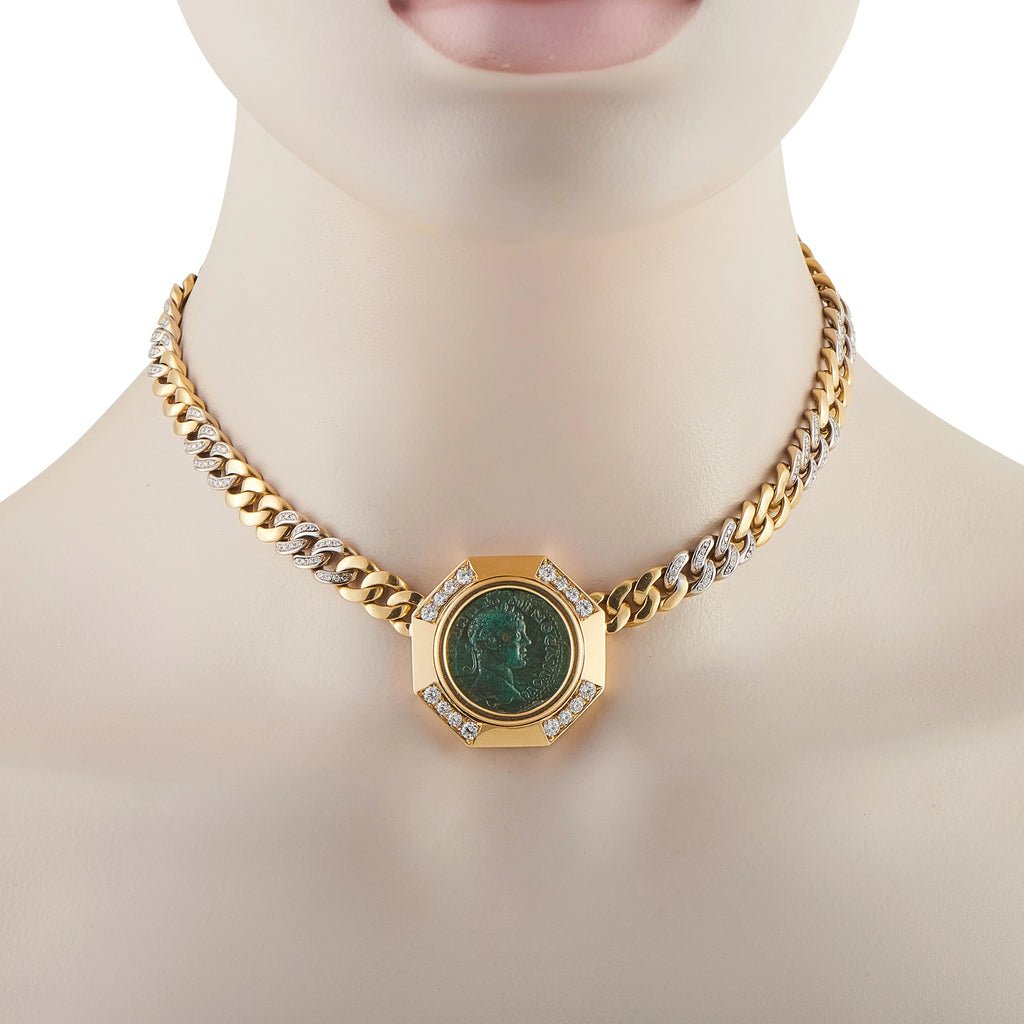 Yellow gold chain necklace with round green coin pendant and diamond bezel