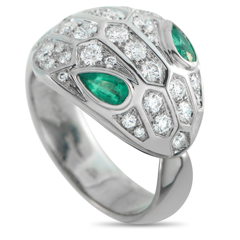 Bvlgari Serpenti Seduttori 18K White Gold Diamond Emerald Ring