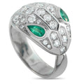 Bvlgari white gold diamond ring with emerald green center cabochon