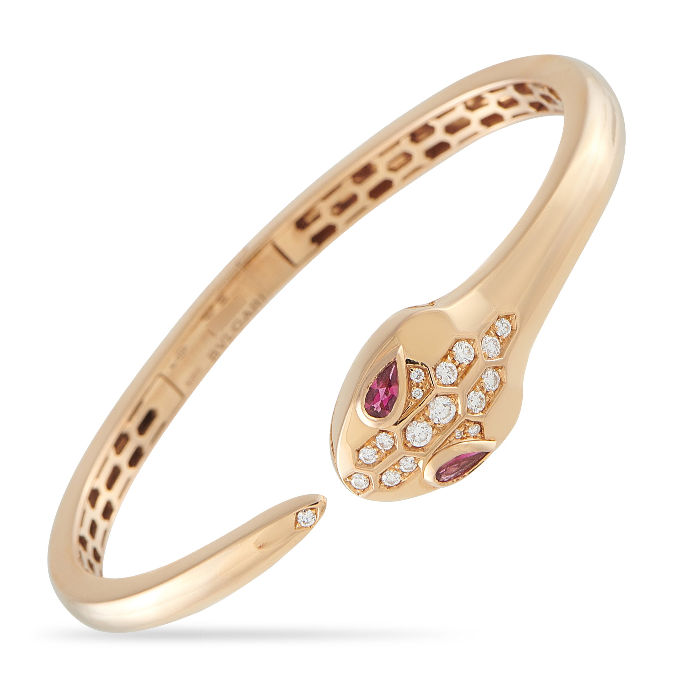 Bvlgari Serpenti Seduttori 18K Rose Gold Diamond and Ruby Bracelet – A rose gold Serpenti bracelet embodying the Seduttori et