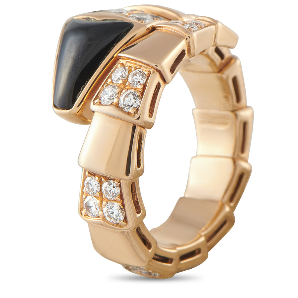 Bvlgari Serpenti Viper 18K Rose Gold Diamond and Onyx Ring