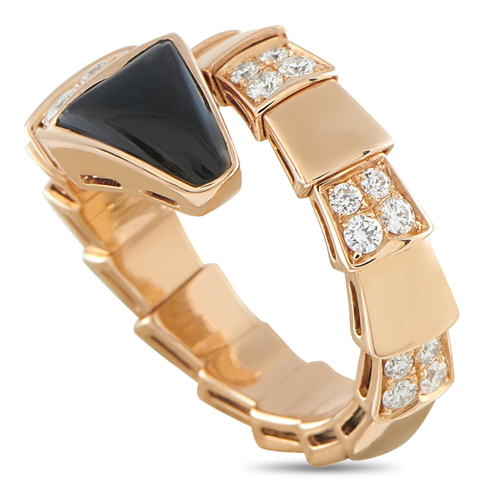 Bvlgari Serpenti 18K rose gold ring with diamond links and black onyx head