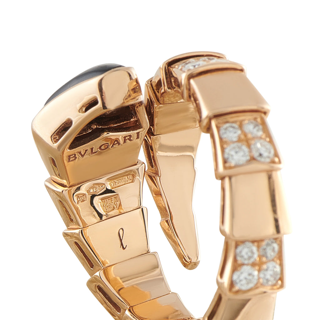 Bvlgari Serpenti rose gold ring with diamond accents and black onyx detail