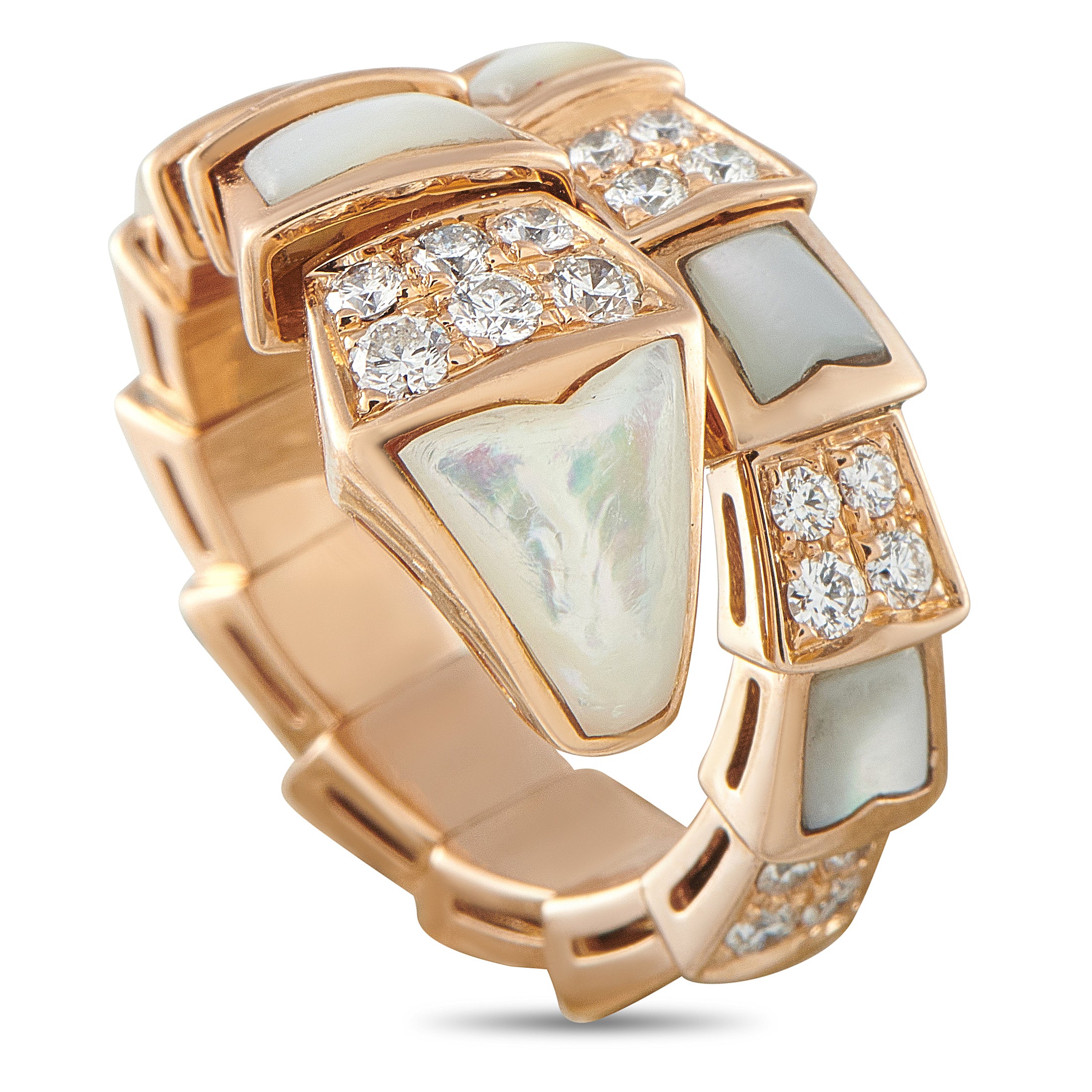 Bvlgari Serpenti Viper 18K Yellow Gold Diamond and White Mother of Pearl Ring
