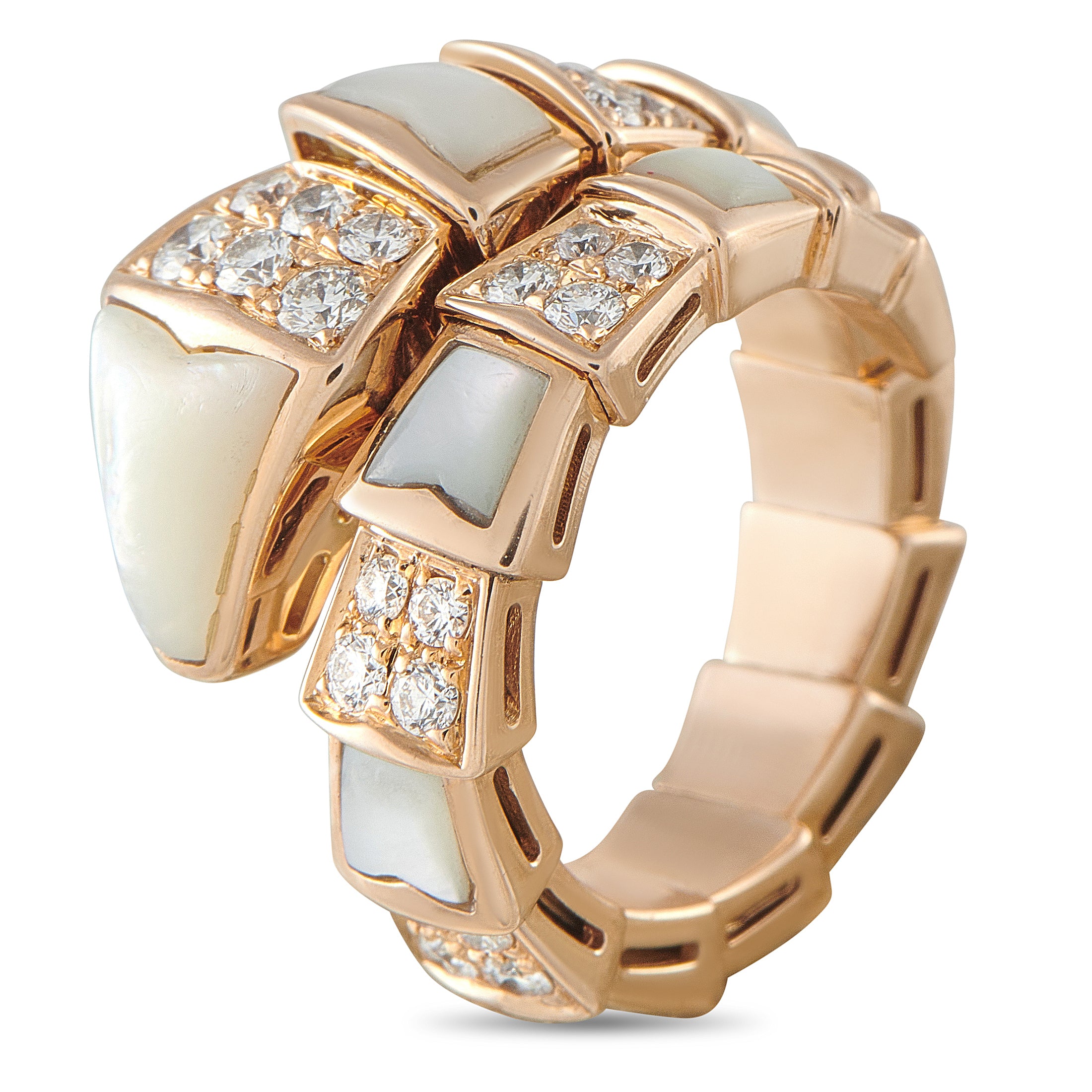 Bvlgari Serpenti Viper 18K Yellow Gold Diamond and White Mother of Pearl Ring