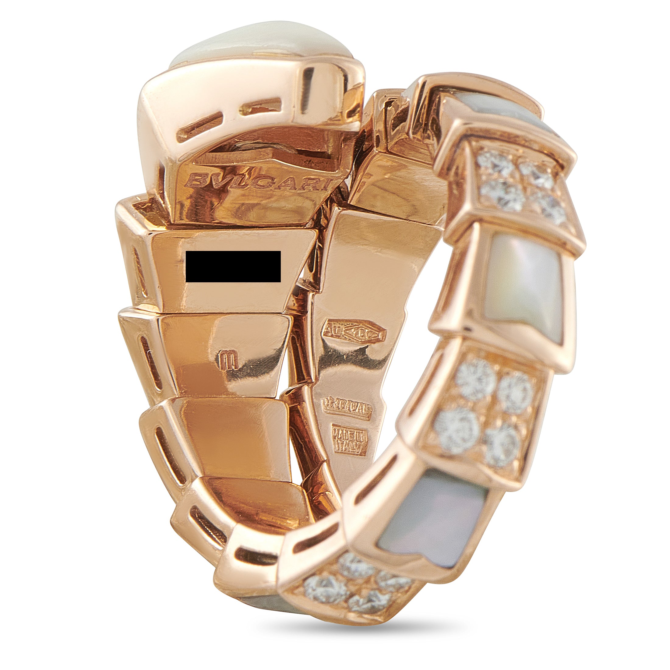 Bvlgari Serpenti Viper 18K Yellow Gold Diamond and White Mother of Pearl Ring