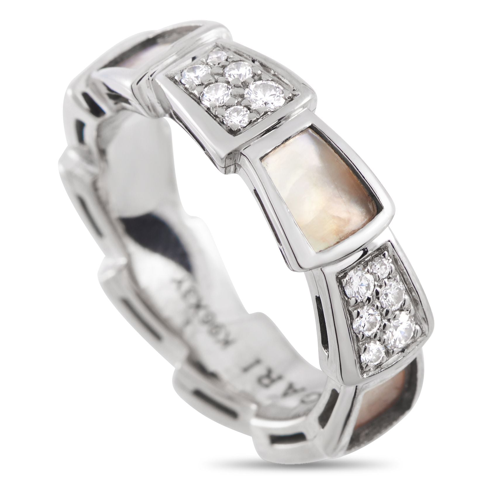 BvlgariSerpenti Viper 18K White Gold 0.41ct Diamond and Mother of Pearl Ring – Inspired by the limbless, scaled reptile that 