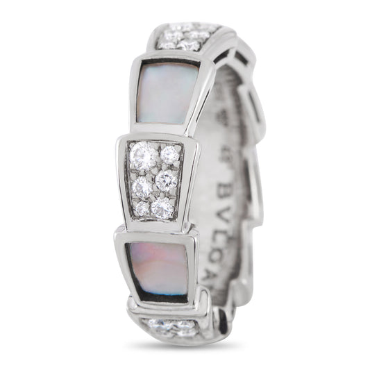 Bvlgari Serpenti Viper 18K White Gold 0.41ct Diamond and Mother of Pearl Ring