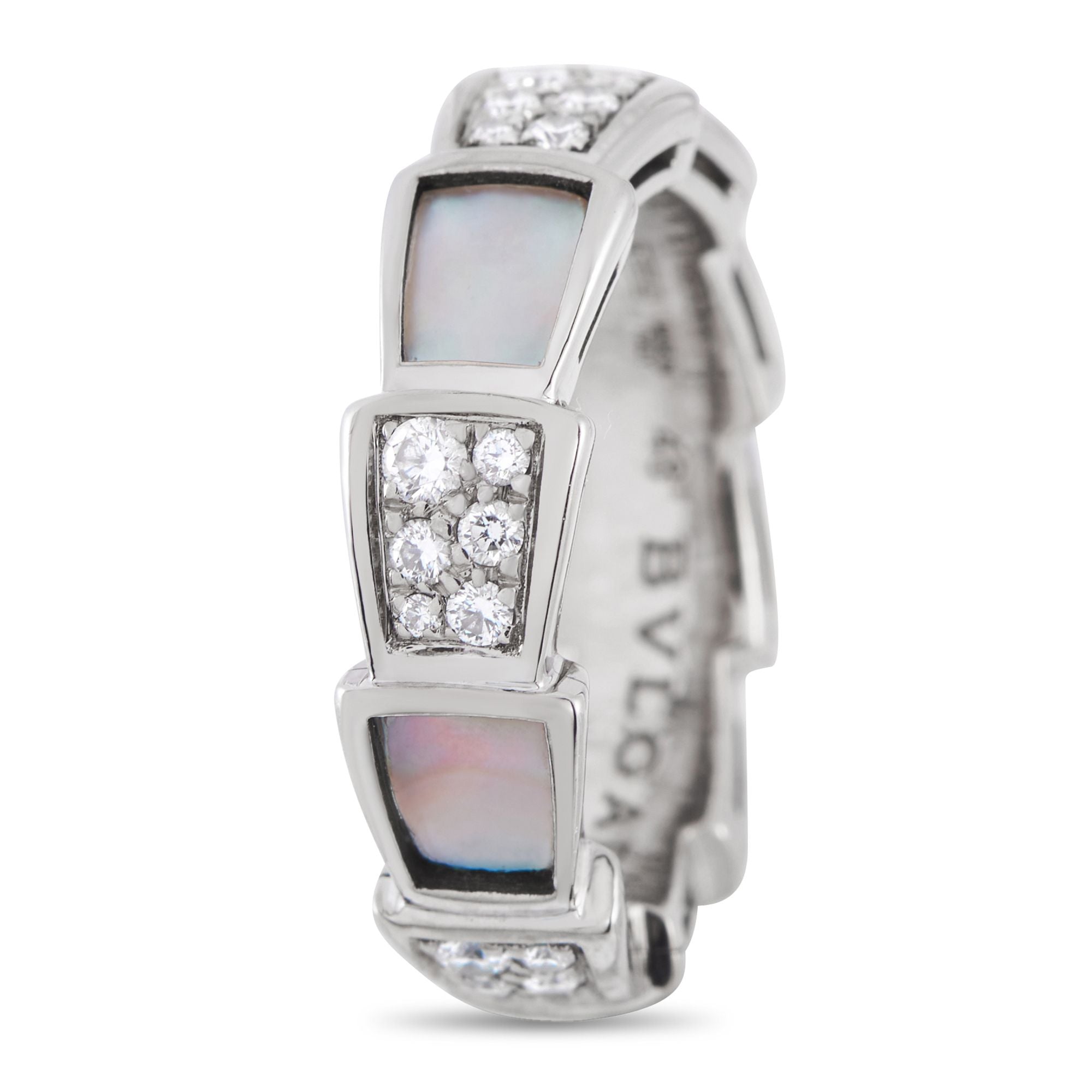 BvlgariSerpenti Viper 18K White Gold 0.41ct Diamond and Mother of Pearl Ring