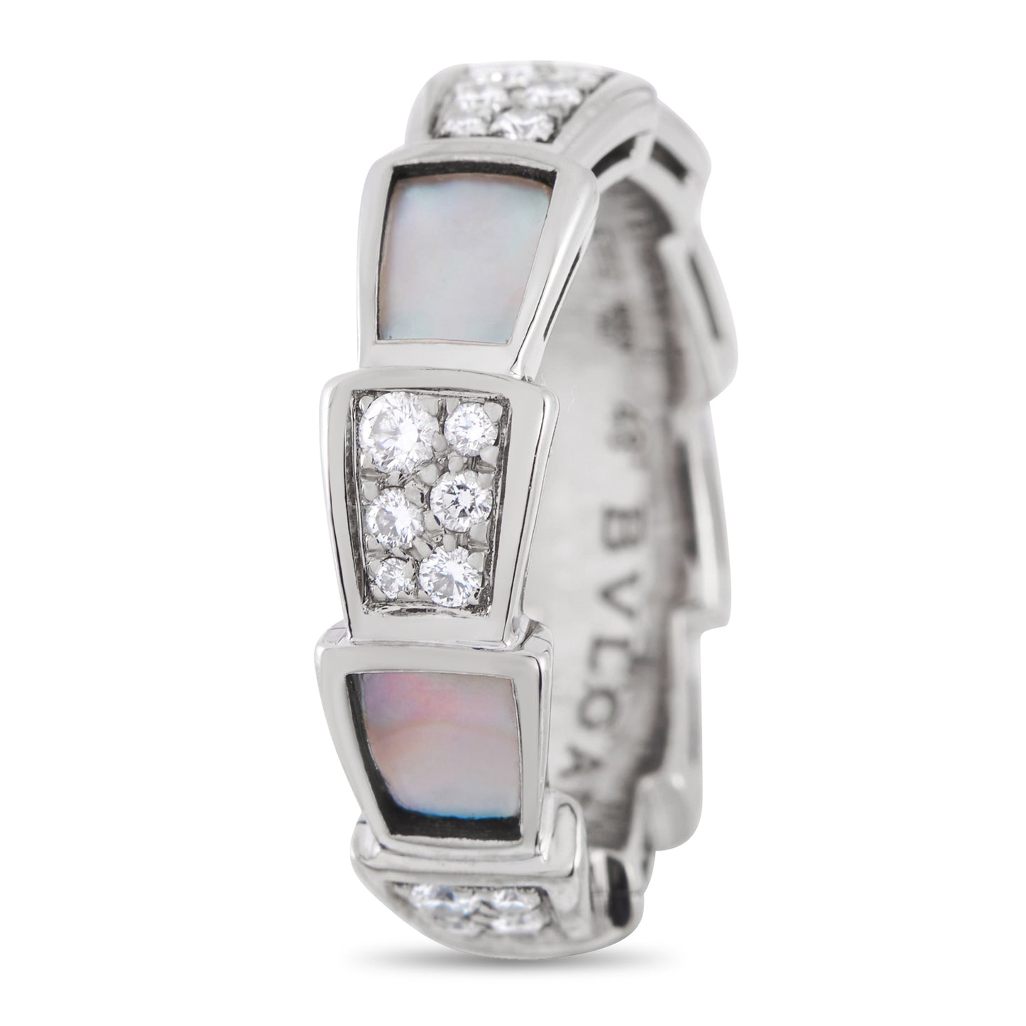 Bvlgari Serpenti Viper 18K White Gold 0.41ct Diamond and Mother of Pearl Ring