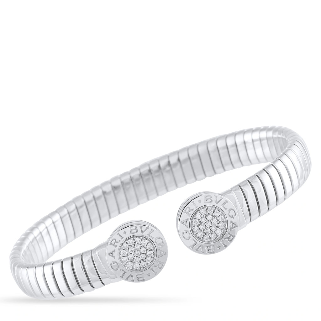 Bvlgari tubogas stainless steel diamond bracelet with ridged white metal bands
