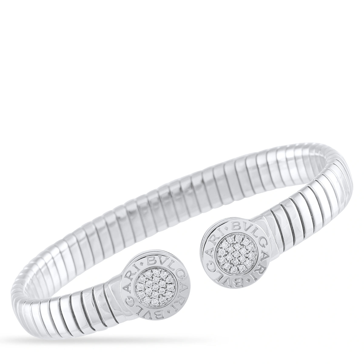 Bvlgari tubogas stainless steel diamond bracelet with ridged white metal bands
