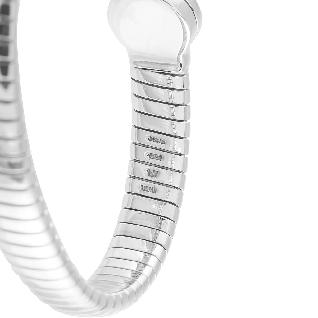 Close view of Bvlgari tubogas stainless steel diamond bracelet clasp and ridges