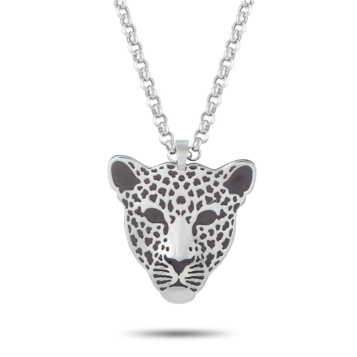 Leopard head pendant in white gold with black spots, on a silver chain