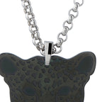 Leopard head pendant with textured spots, white gold finish, on link chain