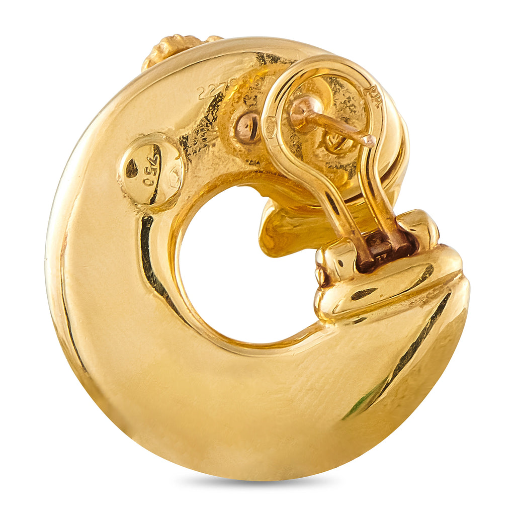18K yellow gold elephant hoop earring, side view with hinged clasp and post
