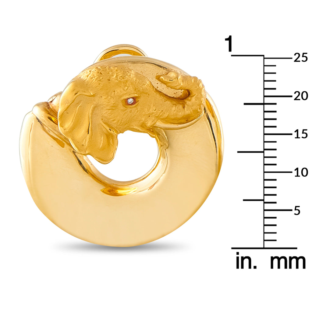 18K yellow gold elephant hoop earrings with diamond accents and size shown in mm