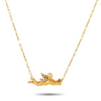 18K yellow gold necklace with flying angel pendant, short chain and small stone accents