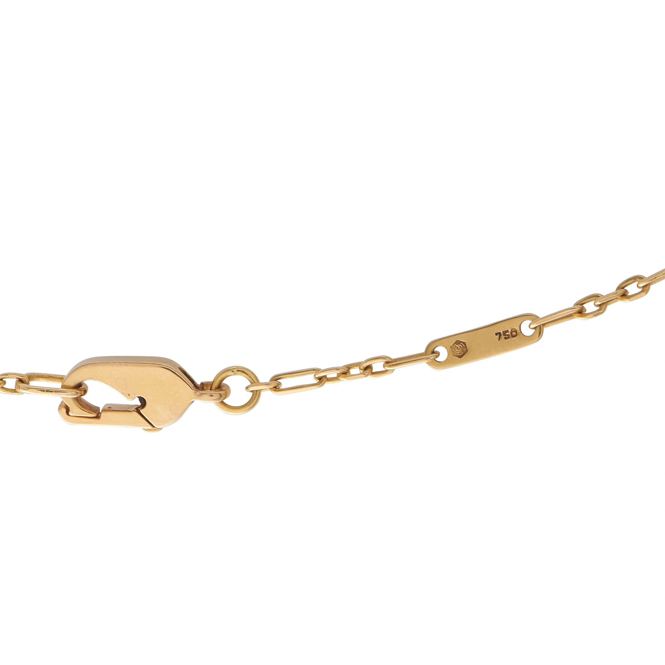 18K yellow gold necklace clasp detail with security ring and stamped markings