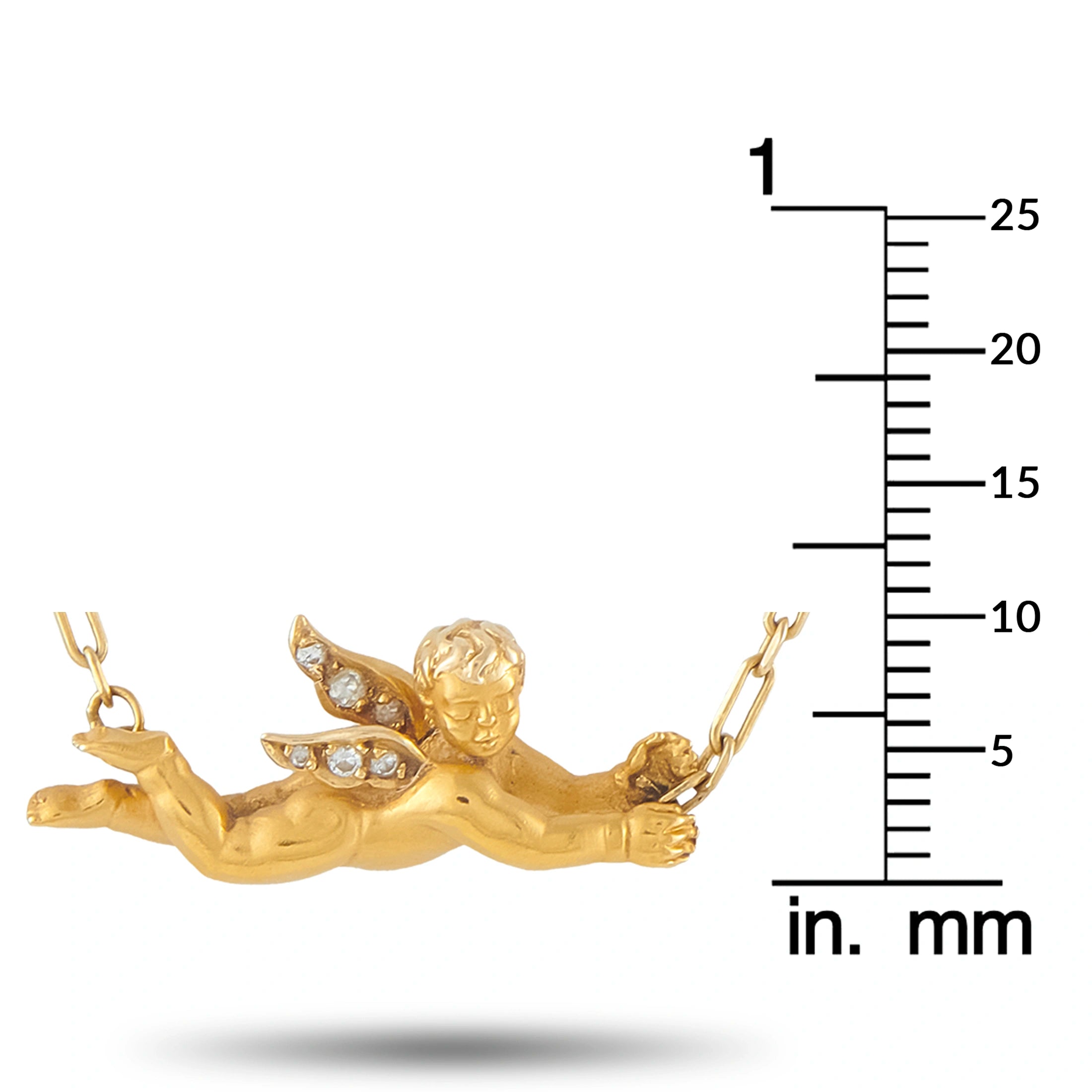 Flying angel pendant in 18K yellow gold, size shown by mm ruler