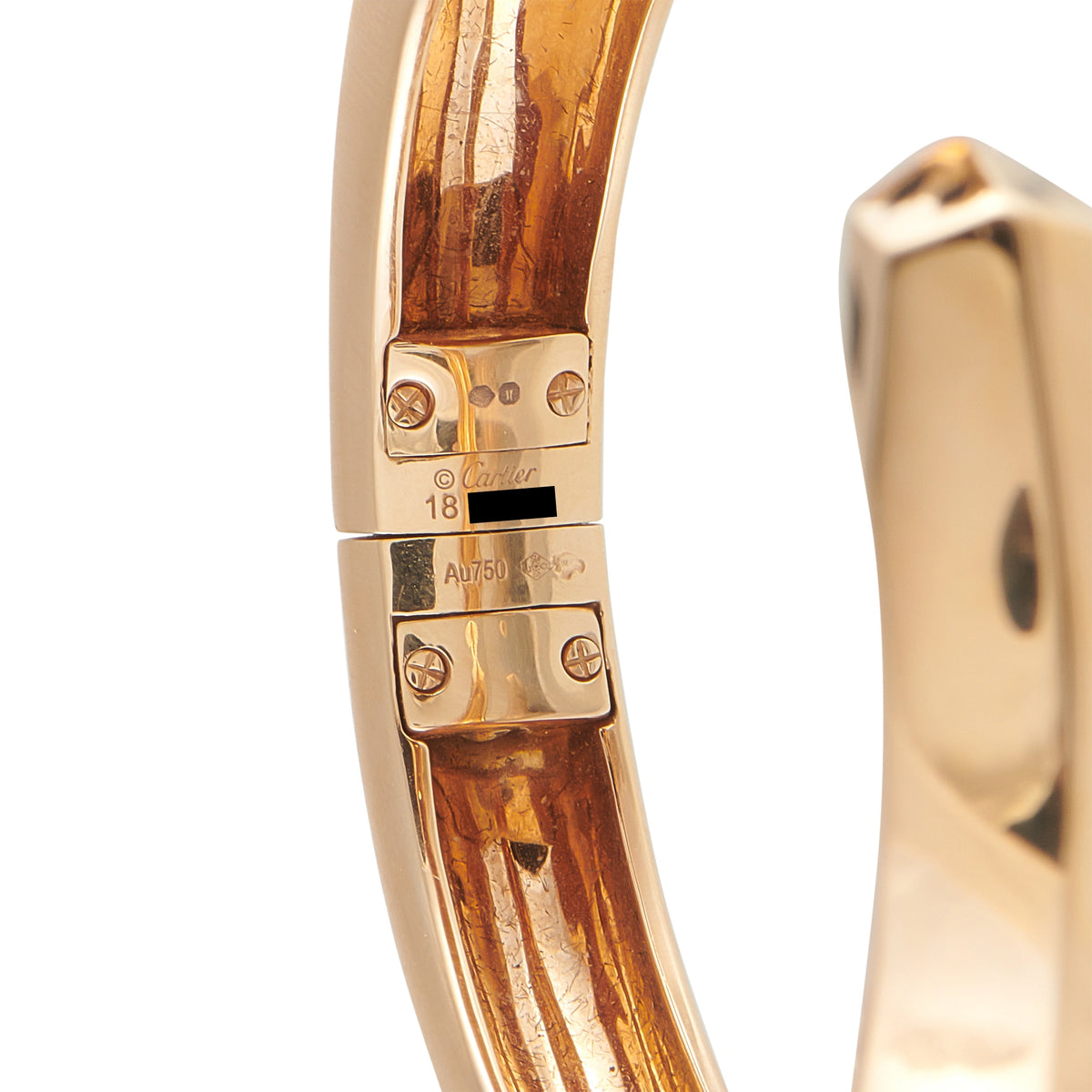 18K rose gold bracelet clasp with stamped markings, hinged mechanism
