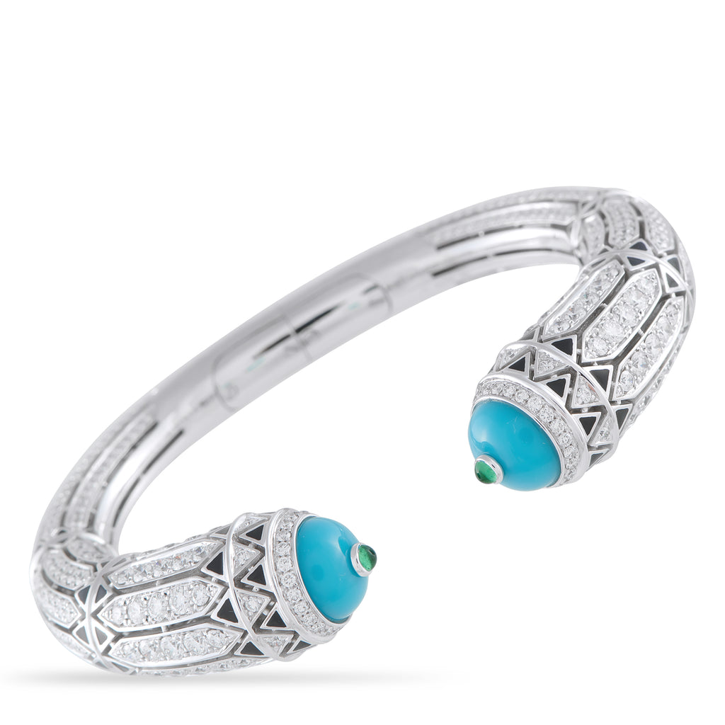 CartierGeometry & Contrast 18K White Gold 12.73 ct Diamond, Turquoise, and Emerald Bracelet