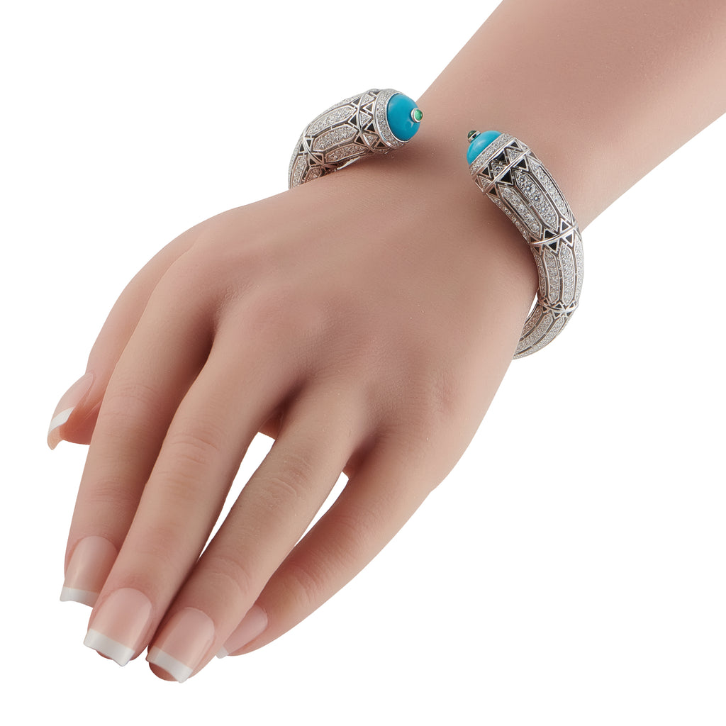 Cartier Geometry & Contrast 18K White Gold 12.73 ct Diamond, Turquoise, and Emerald Bracelet