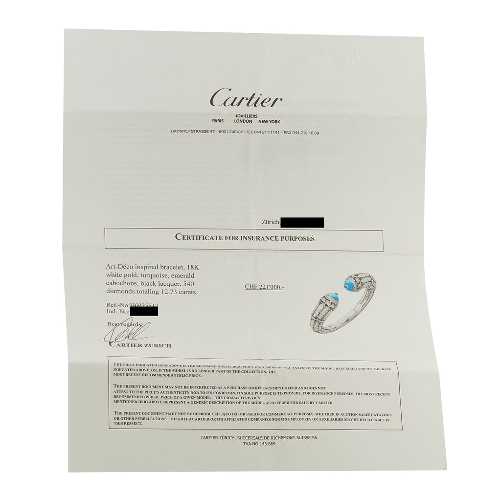 Cartier Geometry & Contrast 18K White Gold 12.73 ct Diamond, Turquoise, and Emerald Bracelet