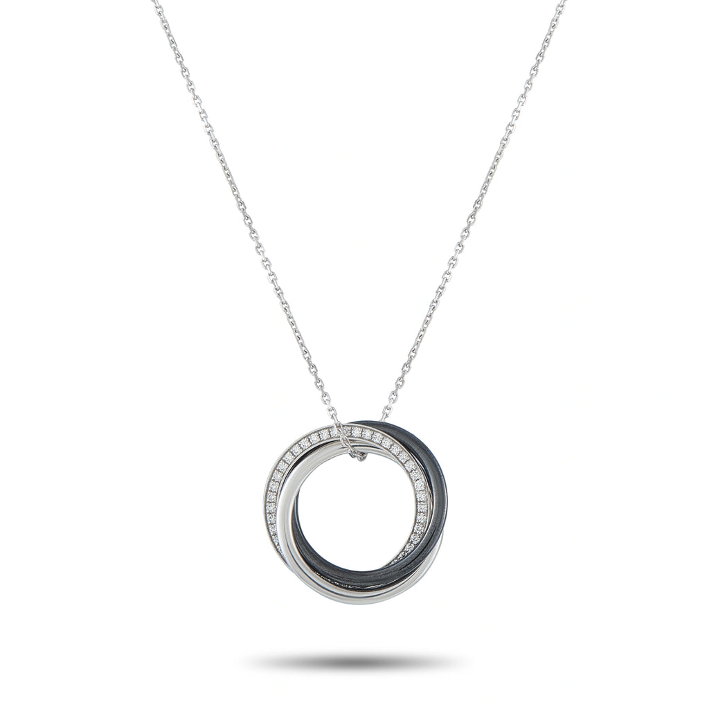 Diamond and ceramic circular pendant necklace in white gold on a silver chain