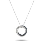 Diamond and ceramic circular pendant necklace in white gold on a silver chain