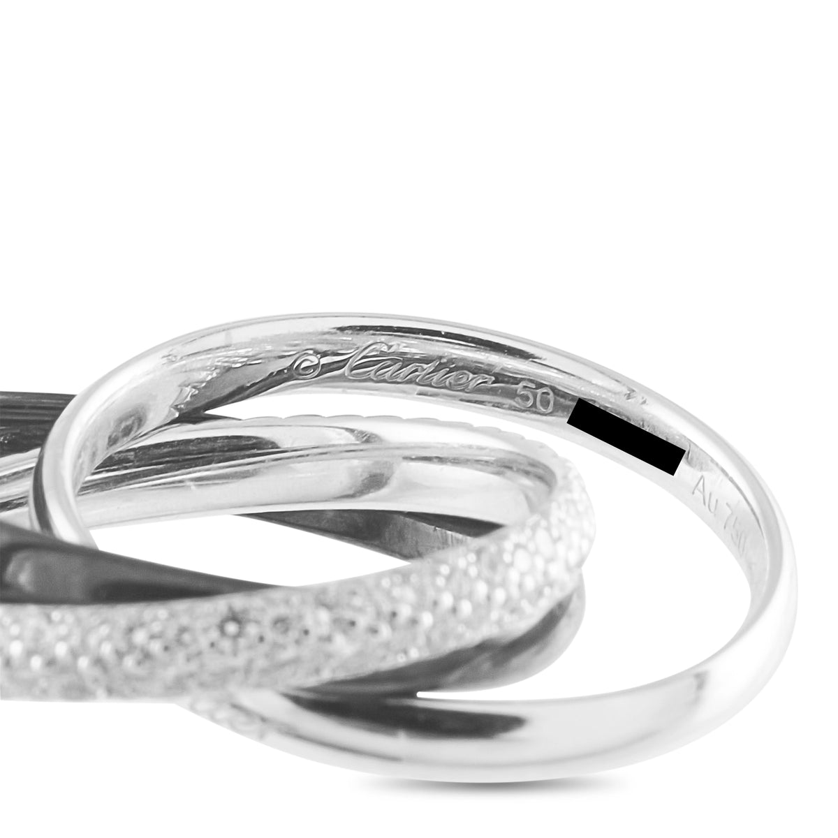 Cartier Trinity white gold ring with diamond pavé and black ceramic accent