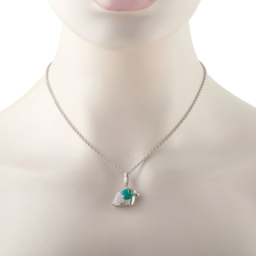 White gold chain with eagle-head pendant, green enamel and diamond pave detail