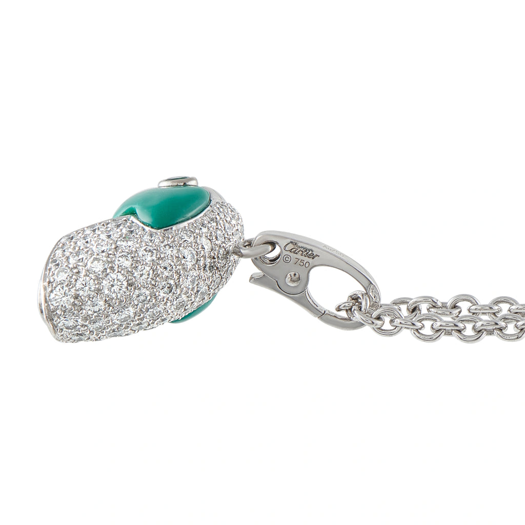 Cartier vintage eagle head 18K white gold pendant with diamonds, emerald, and turquoise