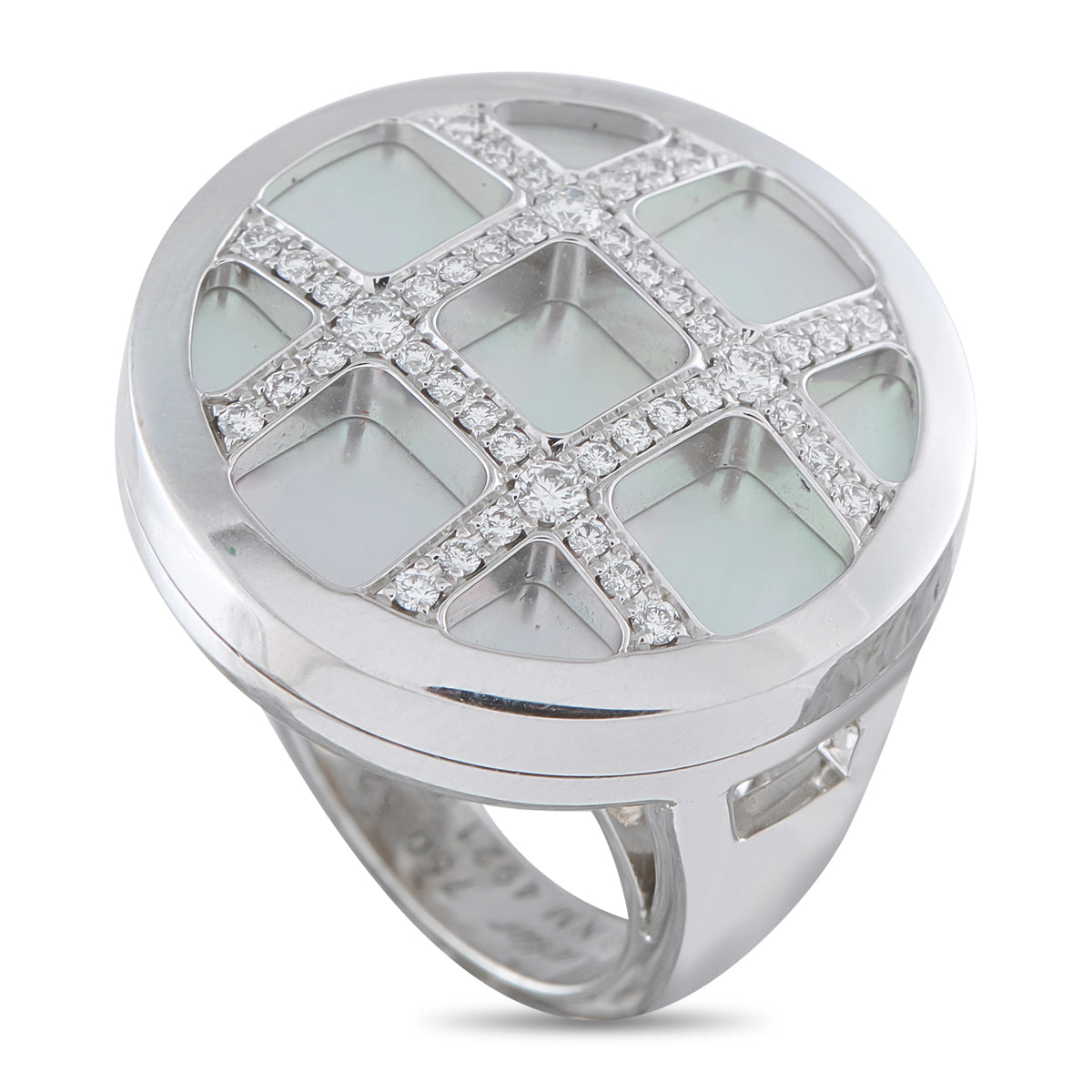 Cartier white gold diamond mother-of-pearl ring with light blue-gray mosaic top