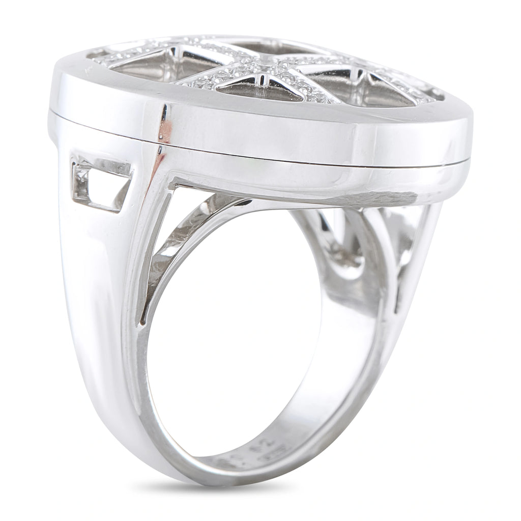 Cartier white gold diamond mother-of-pearl ring, side view with raised bezel
