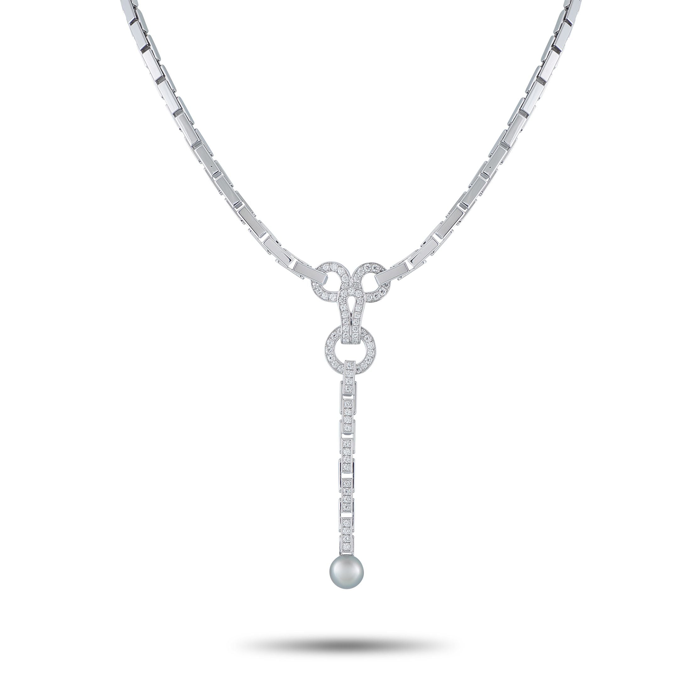 Cartier Agrafe 18K White Gold Diamond and Pearl Necklace - This 18K white gold necklace belongs to Cartier’s “Agrafe” collection, a line inspired by luxury corset clasps and Parisian t