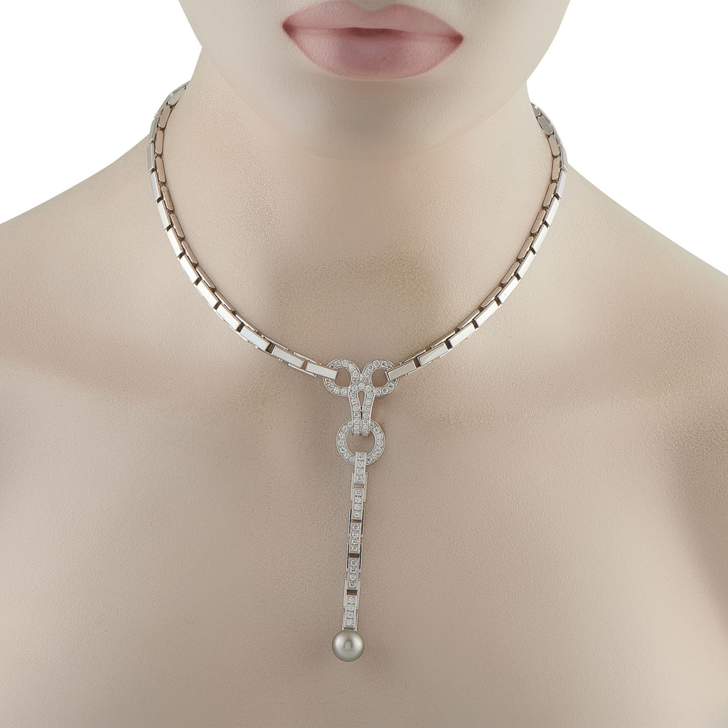 Cartier Agrafe 18K White Gold Diamond and Pearl Necklace