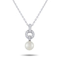 White gold diamond and pearl pendant with round pearl and circular diamond setting on chain