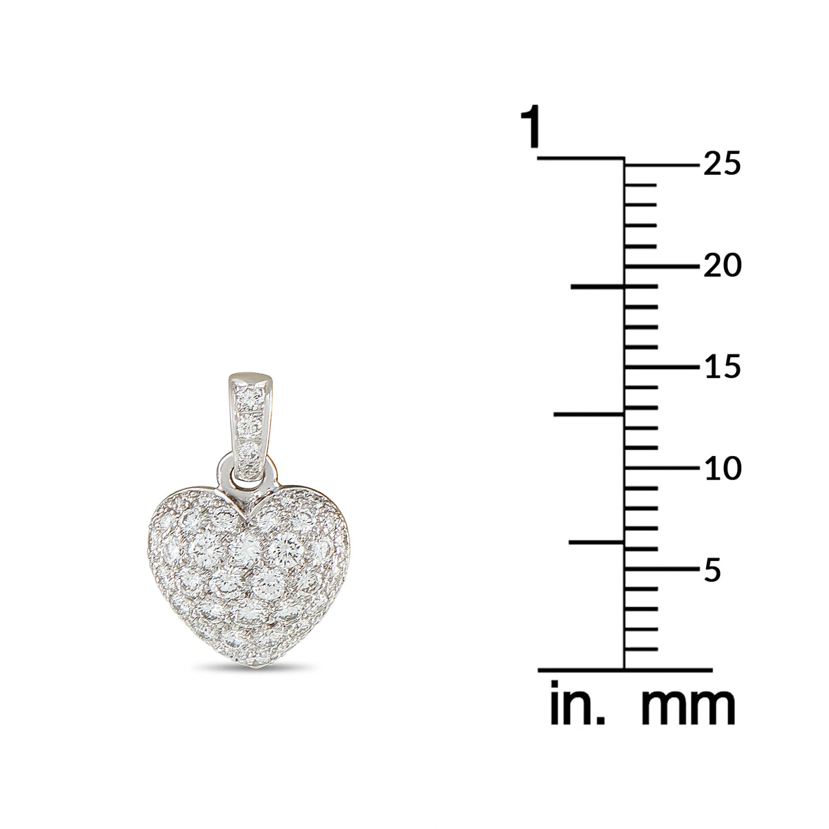 Heart diamond pendant in 18K white gold next to size scale (mm)